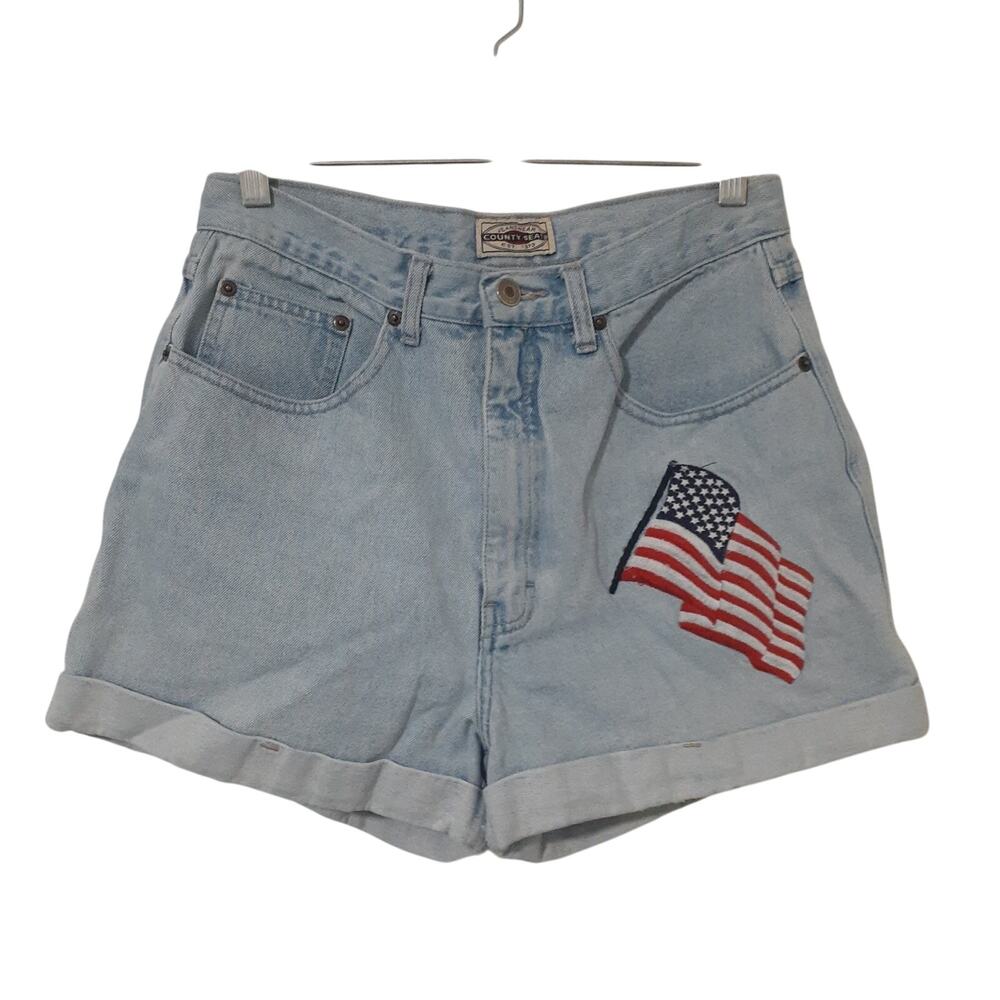 Vintage County Seat Women's Denim Shorts Light Blue Size 11/12 USA Flag Patch
